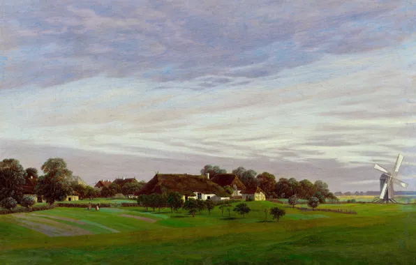 Картинка пейзаж, дом, картина, ветряная мельница, Каспар Давид Фридрих, Isle of Ruegen or near Greifswald, Flat …