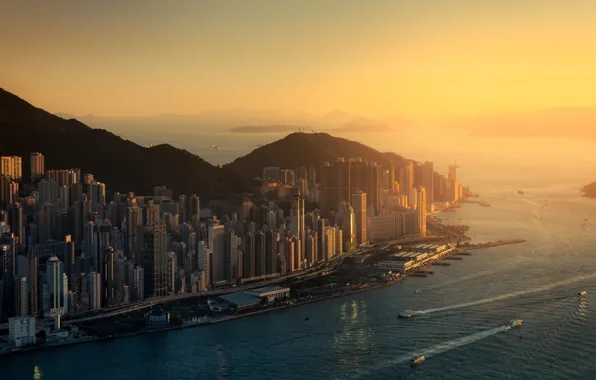 Картинка city, ocean, sunset, water, skyscraper, street, hills, Hong Kong, ship, boat, building, bay, cityscape