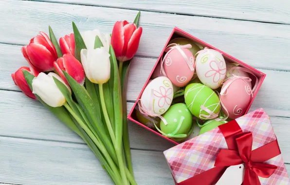 Картинка цветы, Пасха, тюльпаны, happy, pink, flowers, tulips, spring, Easter, eggs, decoration, яйца крашеные