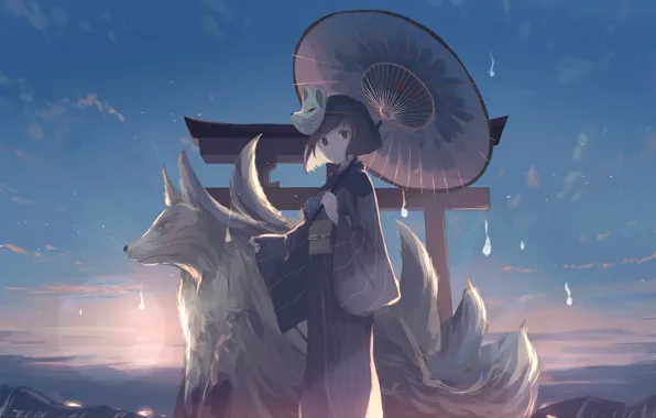 Картинка небо, девушка, облака, закат, горы, природа, волк, аниме, маска, арт, кимоно, mifuru