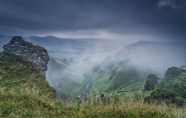 Картинка горы, туман, камни, скалы, Англия, долина
