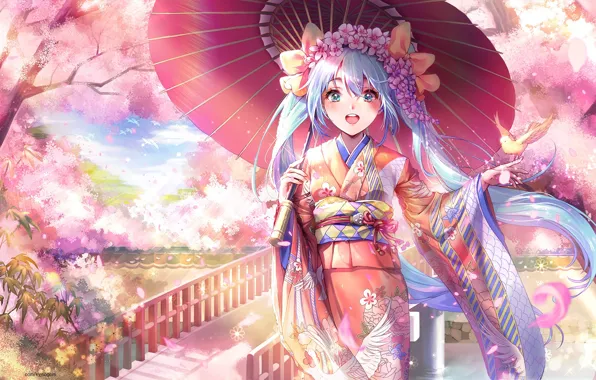 Картинка мост, река, весна, зонт, Япония, сакура, перила, кимоно, vocaloid, Hatsune Miku, цветение, вокалоид, голубые волосы, …