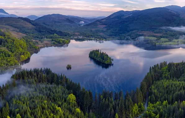 Картинка лес, горы, озеро, Шотландия, панорама, Scotland, Грампианские горы, Loch Ard, Национальный парк Лох-Ломонд и Троссахс, …