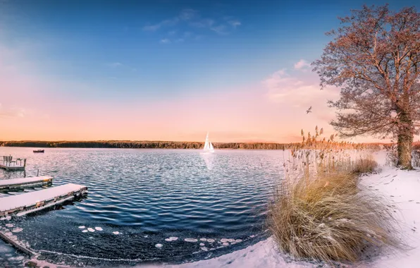 Картинка снег, озеро, лодка, утро