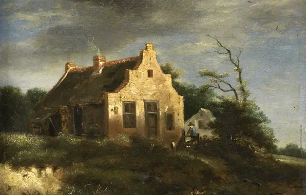 Картинка пейзаж, дерево, масло, картина, Якоб ван Рёйсдал, Крестьянский Дом Среди Лесистых Дюн