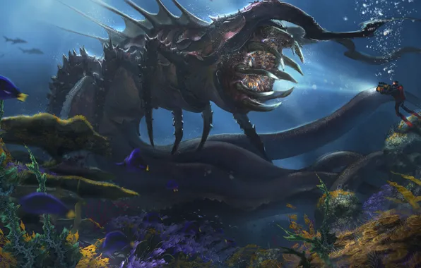 Картинка рыбы, аквалангист, чудовище, Deep Sea Creature, Alejandro Olmedo