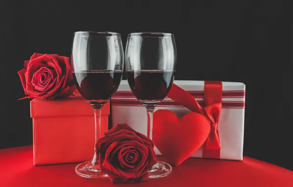 Картинка вино, бокалы, red, love, romantic, hearts, valentine's day, gift, roses, красные розы