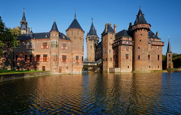 Картинка небо, солнце, пруд, замок, башни, Нидерланды, De Haar Castle