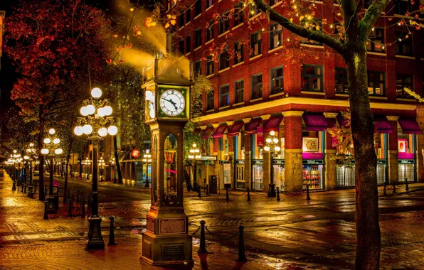 Картинка улица, здание, часы, Канада, фонари, Ванкувер, Canada, ночной город, British Columbia, Vancouver, Британская Колумбия
