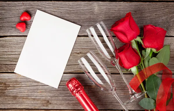 Картинка любовь, цветы, подарок, розы, букет, бокалы, красные, red, love, wood, flowers, romantic, Valentine's Day, gift, …