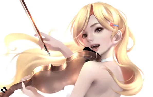 Картинка взгляд, девушка, скрипка, аниме, арт, Shigatsu wa Kimi no Uso, Твоя апрельская ложь