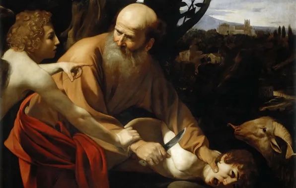 Картинка картина, мифология, Жертвоприношение Исаака, Микеланджело Меризи да Караваджо