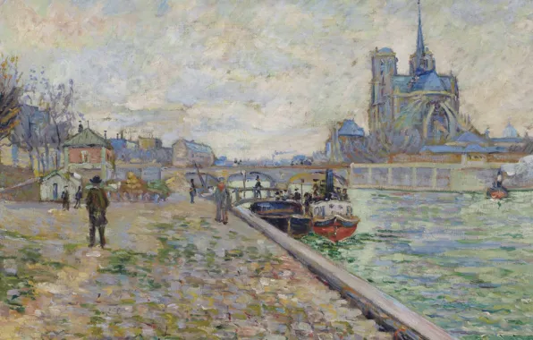Картинка река, картина, Сена, собор, городской пейзаж, Поль Синьяк, Париж. Набережная Турнель