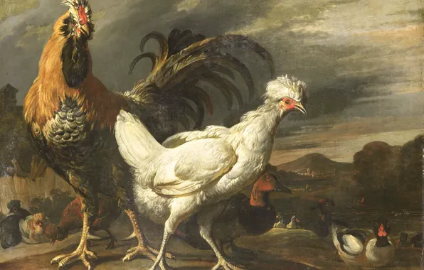 Картинка животные, масло, картина, холст, Pieter Jansz van Ruyven, Петух Курица и Другие Птицы