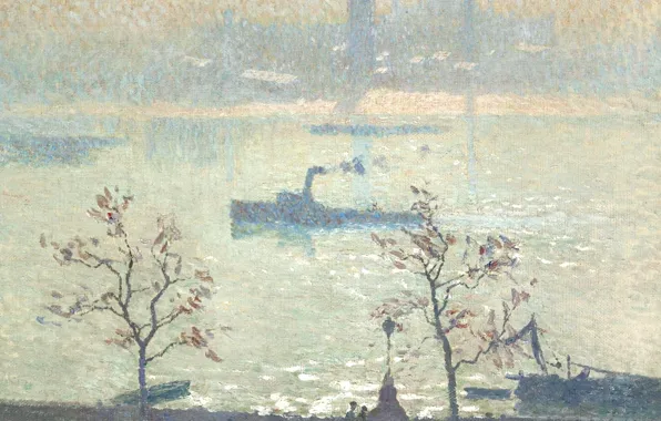 Картинка пейзаж, река, корабль, картина, Эмиль Клаус, Emile Claus, Вид на Темзу с Набережной