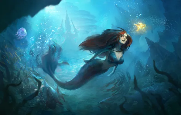 Картинка взгляд, русалка, арт, золотая рыбка, под водой, mermaid