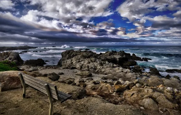 Картинка море, берег, скамья, California, Asilomar Beach