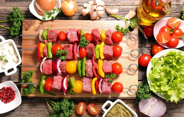 Картинка зелень, еда, мясо, барбекю, овощи, шашлык