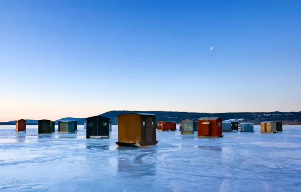 Картинка лед, озеро, домик, США, штат Нью-Йорк