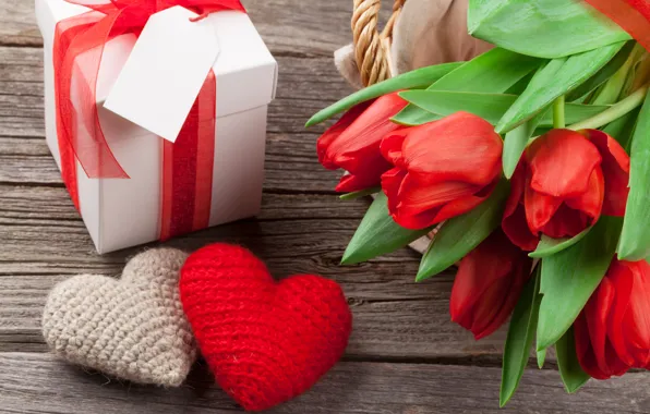 Картинка любовь, цветы, подарок, букет, сердечки, тюльпаны, red, love, wood, flowers, cup, romantic, hearts, tulips, Valentine's …
