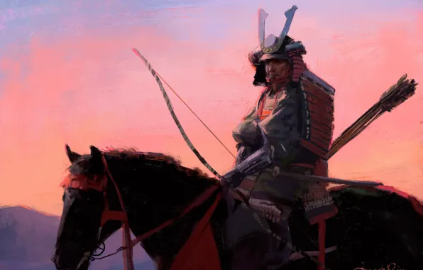 Картинка лошадь, лук, самурай, шлем, всадник, стрелы