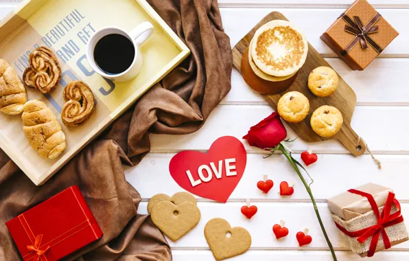 Картинка роза, кофе, завтрак, печенье, подарки, red, love, rose, box, heart, coffe, valentines day
