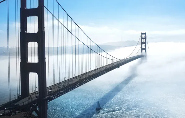 Картинка машины, туман, скалы, берег, парусник, яхта, тачки, дымка, Сан-Франциско, USA, Golden Gate Bridge, United States, …