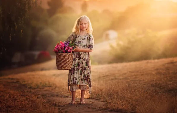 Картинка цветы, корзина, девочка, Country Girl, Edie Layland, With Flower Basket