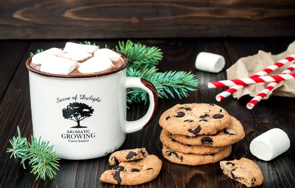 Картинка елка, кофе, печенье, Рождество, Новый год, выпечка, сладкое, New Year, cookies, маршмеллоу, marshmallow