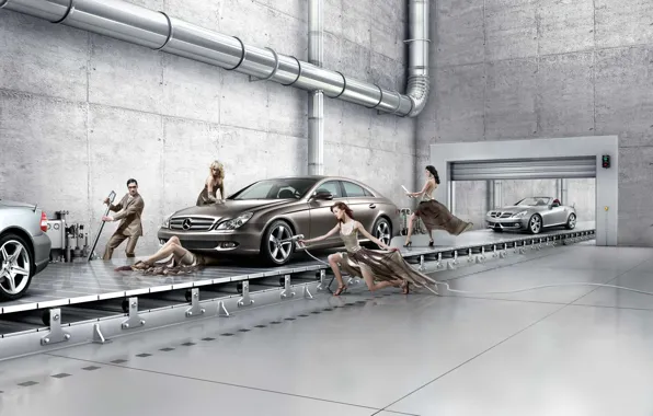 Картинка Mercedes Benz Assembly Line, Creative Background, автосервис современный