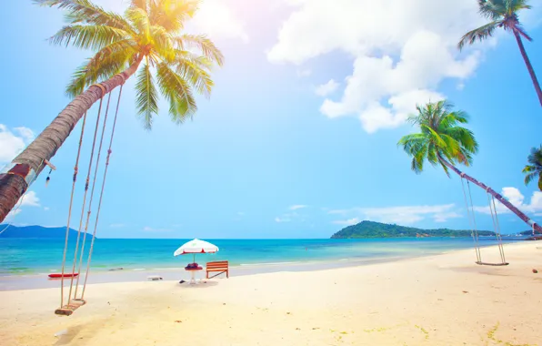 Картинка песок, море, пляж, солнце, пальмы, берег, summer, beach, sea, island, sand, paradise, palms, tropical