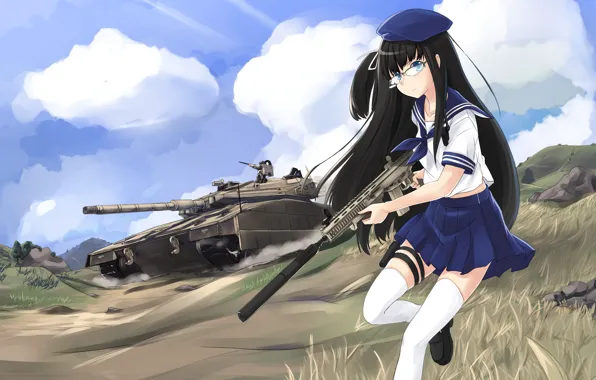 Картинка girl, gun, weapon, anime, brunette, rifle, tank, japanese, seifuku