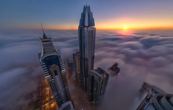 Картинка город, туман, Дубай, высотки, ОАЭ, макушки
