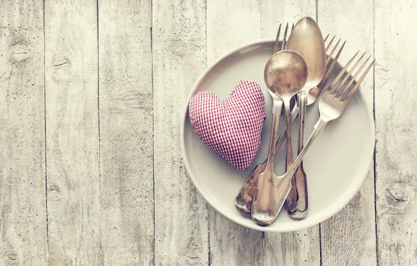 Картинка стол, тарелка, сердечко, День святого Валентина, вилки, ложки
