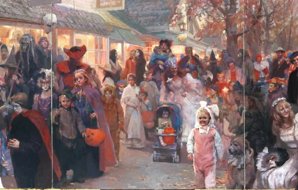 Картинка дети, люди, праздник, Halloween, веселье, маскарад, Parade, HongNian Zhang, Triptych