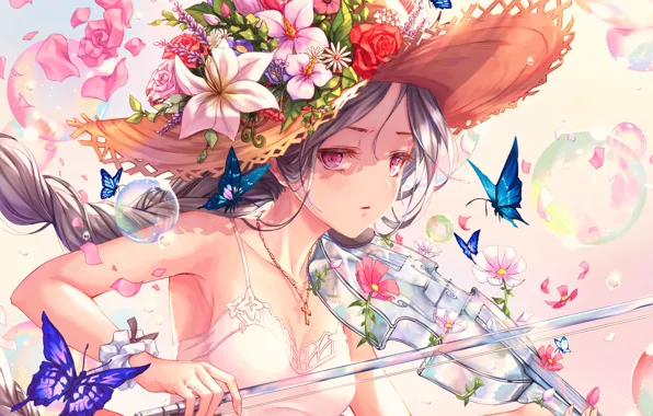 Картинка девушка, цветы, музыка, шляпа