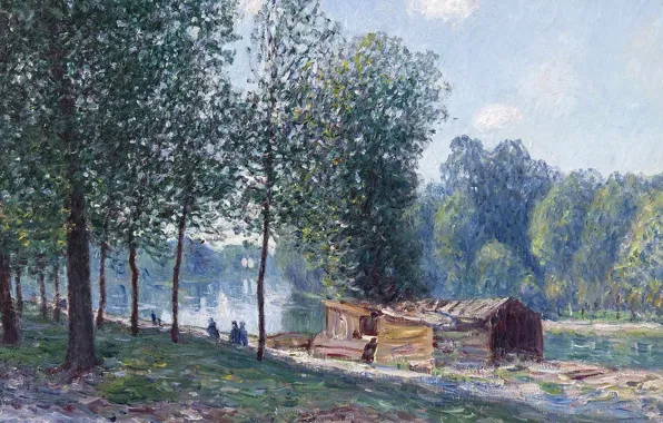 Картинка деревья, река, картина, Alfred Sisley, Альфред Сислей, Хижины на Берегу Луэна. Утренний Эффект