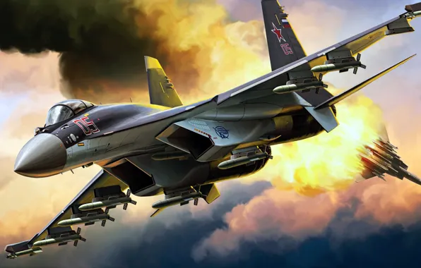Картинка Су-35, воздушный бой, ОКБ Сухого, Flanker-Е+, истребитель поколения 4++, KittyHawk, российский многоцелевой сверхманёвренный