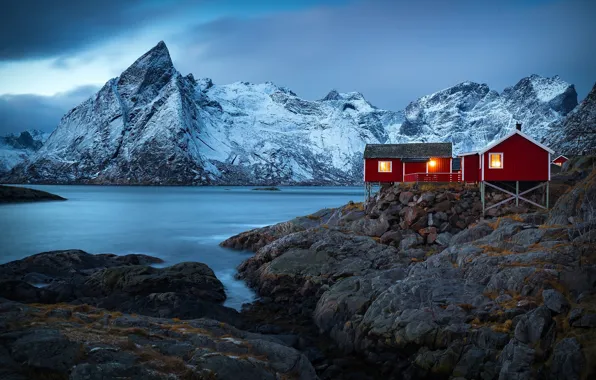 Картинка зима, горы, природа, скалы, Норвегия, домики, поселок, фьорд