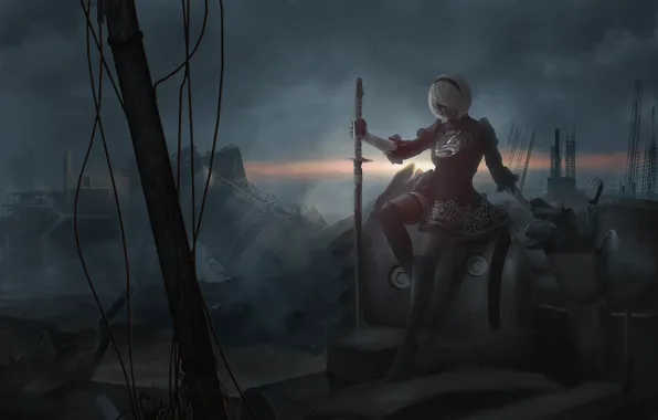 Картинка девушка, дым, меч, разрушение, косплей, NieR: Automata, YoRHa №2 тип B