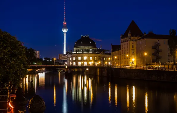 Картинка ночь, огни, отражение, башня, Германия, Берлин