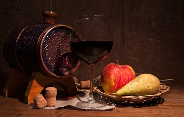 Картинка вино, бокал, яблоко, ваза, груша, пробки, фрукты, бочонок