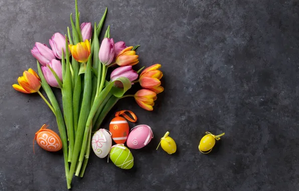 Картинка цветы, colorful, Пасха, тюльпаны, happy, pink, flowers, tulips, spring, Easter, eggs, decoration, розовые тюльпаны, яйца …