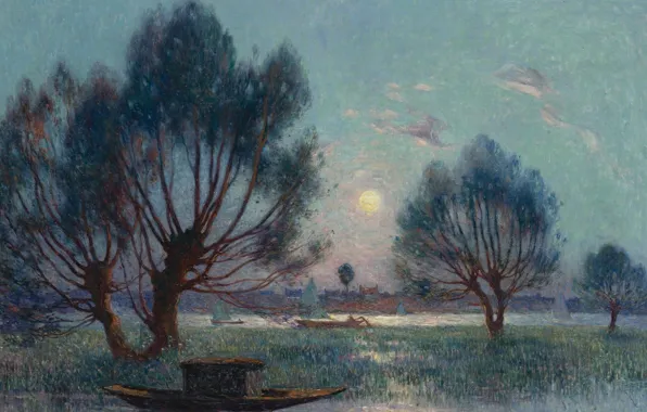 Картинка пейзаж, ночь, лодка, картина, Ferdinand du Puigaudeau, Фердинанд дю Пюигадо, Ясная Луна над Берегами Луары