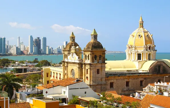 Картинка море, побережье, дома, солнечно, Колумбия, Cartagena