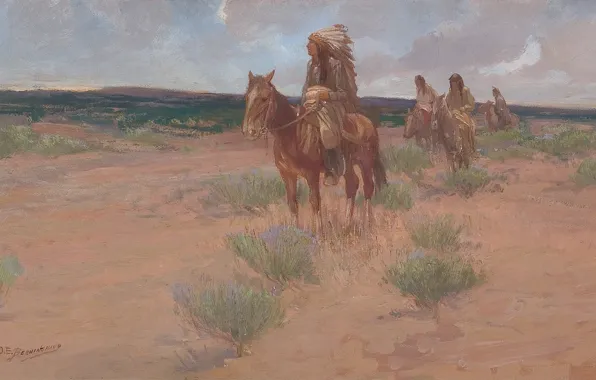 Картинка трава, лошади, индейцы, Oscar Edmund Berninghaus, Return to Camp