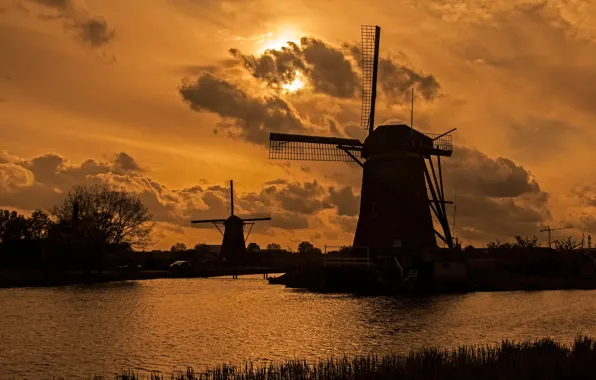 Картинка вечер, канал, Нидерланды, ветряная мельница, Киндердейк