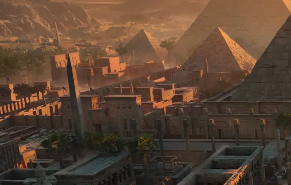 Картинка горы, город, пальмы, пирамиды, Egypt