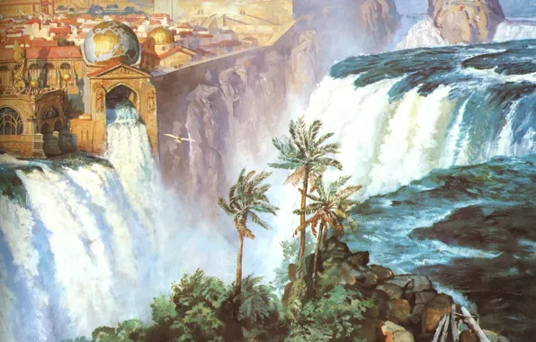 Картинка город, пальма, водопад, глобус, JAMES GURNEY