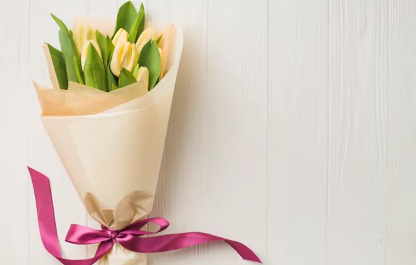 Картинка цветы, букет, лента, тюльпаны, yellow, flowers, romantic, tulips, spring